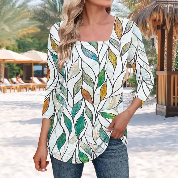 Sheghy Workout Tops for Women 3/4 Sleeve Womens Tops Daily Blouses Crew Neck Workout Tunic Printed Casual Shirts Green S