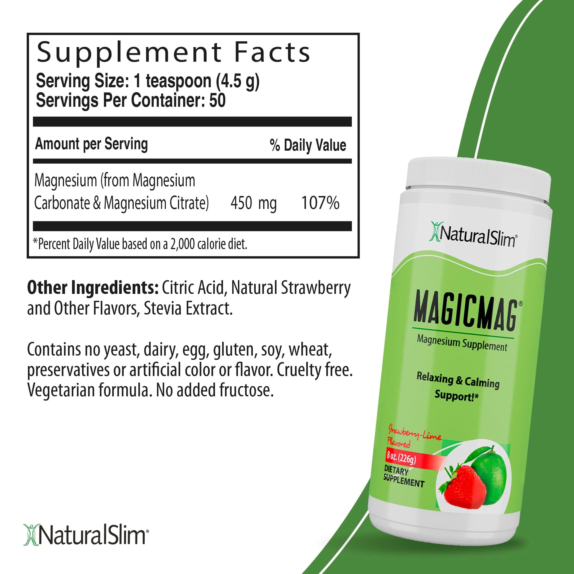 NaturalSlim MagicMag Magnesium Citrate Powder - Anti Stress Drink Mix - 8oz