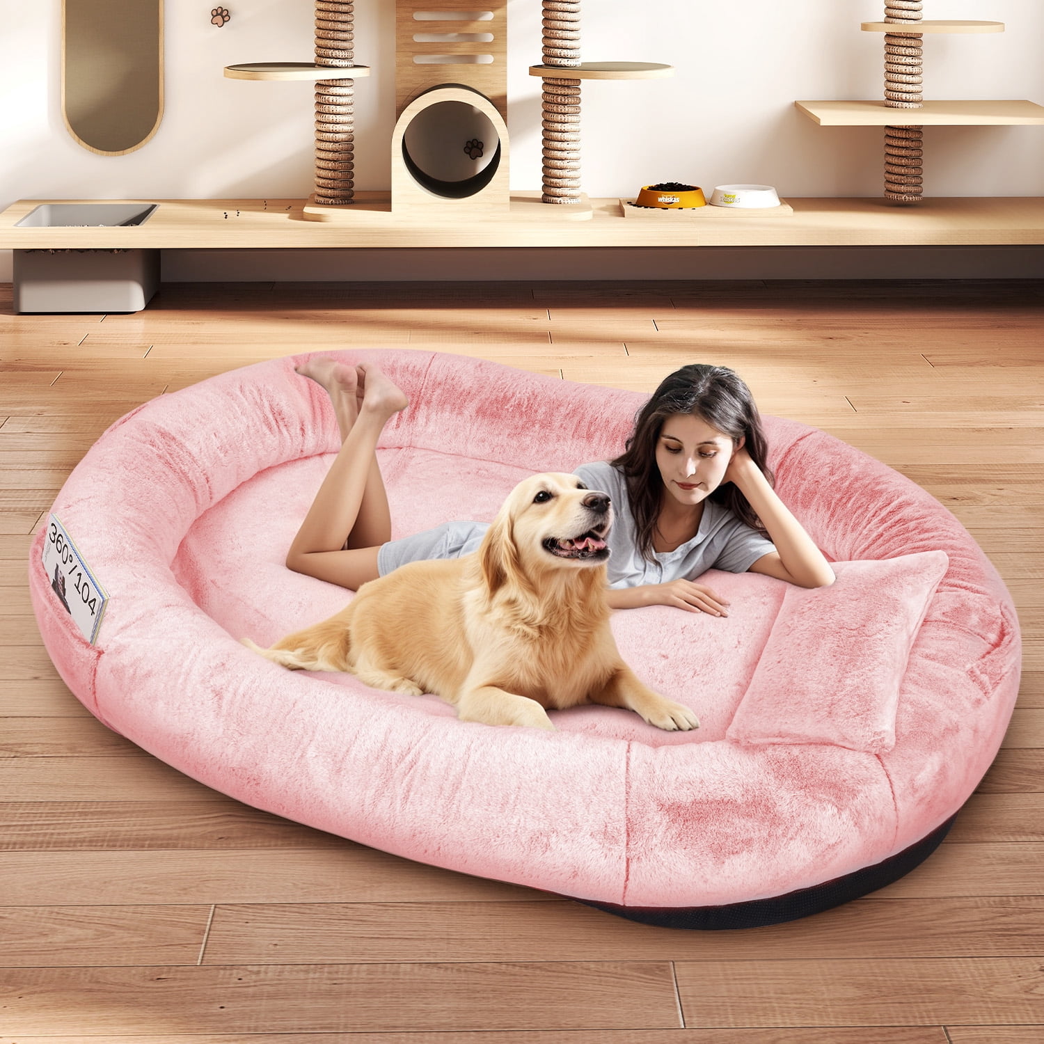 Human Dog Bed for Pets and Adults, 71"x45"x14" Human Size Giant Dog Pets Bed, Washable Faux Fur Cover for Humans with Blanket and Pillow,Pink