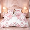 thumbnail image 2 of meiyoeat Pink Coquette Bow Bedding For Kids,Retro Damask Baroque Floral Duvet Cover Full For Girls, Pink White,Pink Reversible,3pcs(No Comforter), 2 of 6
