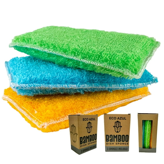 ECO AZUL Biodegradable Bamboo Dish Sponge (Pack of 3) - Odor-Free, Eco-Friendly Kitchen Cleaning, Home Essentials, Long-Lasting, Scratch-Free