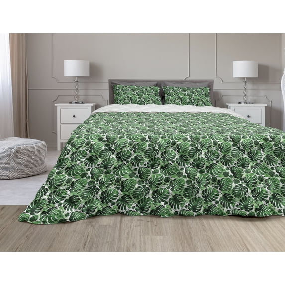 Tropical Comforter & Sham Bedding Set, Green Tones Exotic Monstera Leaves Pattern with Splashed Paint Effect Print, 3 pcs Duvet Set Microfiber Filling Quilt, 5 Sizes, Multicolor, by Ambesonne