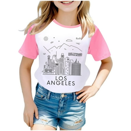 

Sobgg25 Girls Tops Tees Shirts Boys And US City Print Raglan Short Sleeve T Shirt 3425 Size 2-3 Years