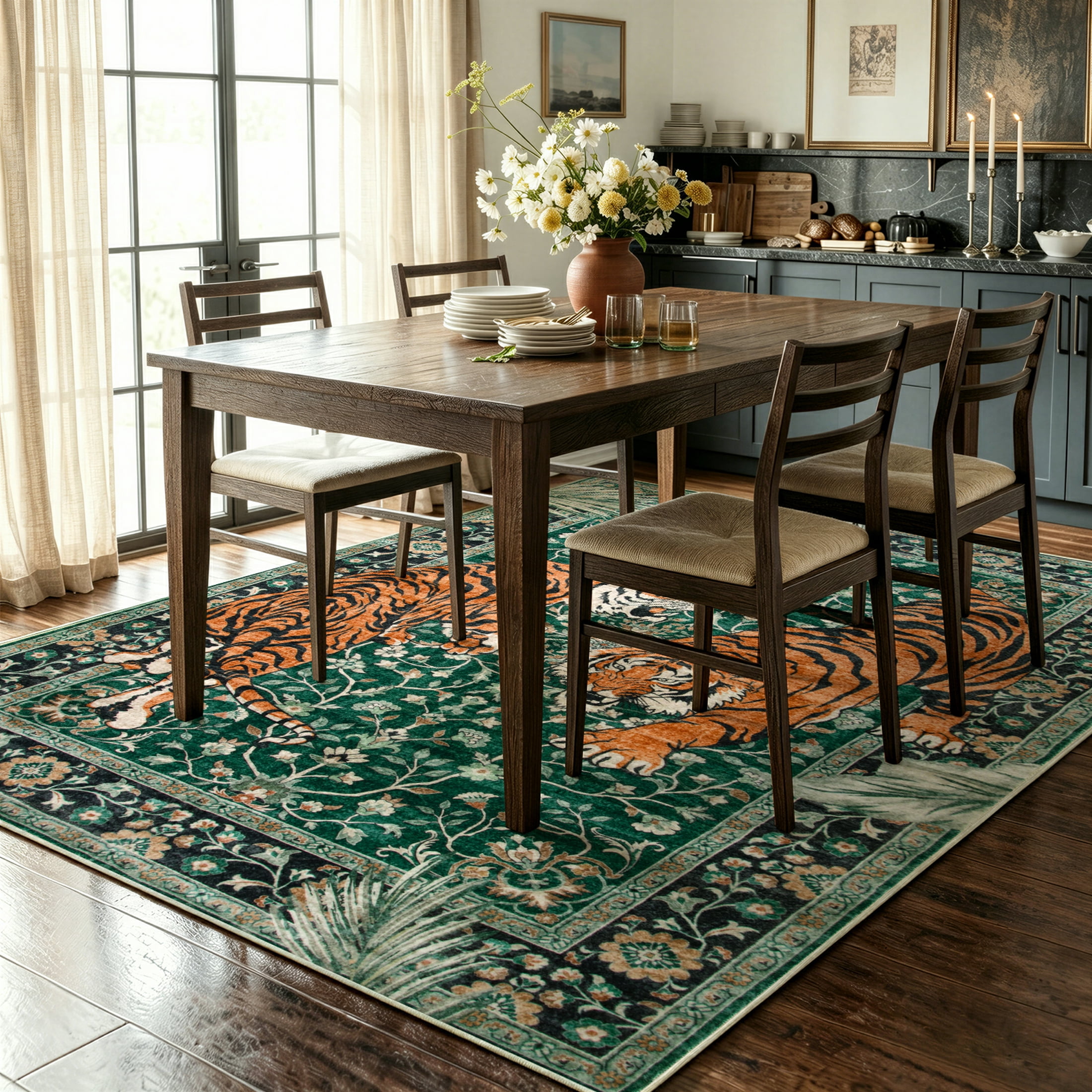 Moynesa 5'x7' Vintage Tiger Area Rug, Washable Tropical Boho Rug for Living Room Bedroom Dining Sunroom, Distressed Botanical Floral Accent Carpet, Soft Low Pile Non Slip Stain Resistant, Green