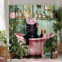 Funny Cat Shower Curtain for Kids, Boho Cute Fun Black Cats in Bathtub Bathroom Decor Shower Curtains Set, Green Tropical Leaves Palm Leaf Plant Waterproof Fabric Bath Curtain Decor, 69X70IN