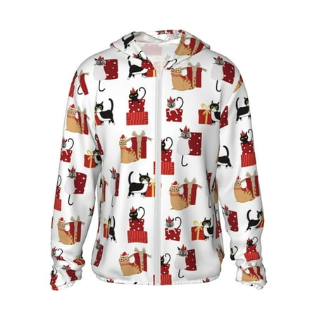 Sigee Cute Cat And Christmas Gift Print UPF50+ Men s Sun Protection Hoodie Shirt SPF UV Shirt Long Sleeve Fishing Outdoor Lightweight S-3XL