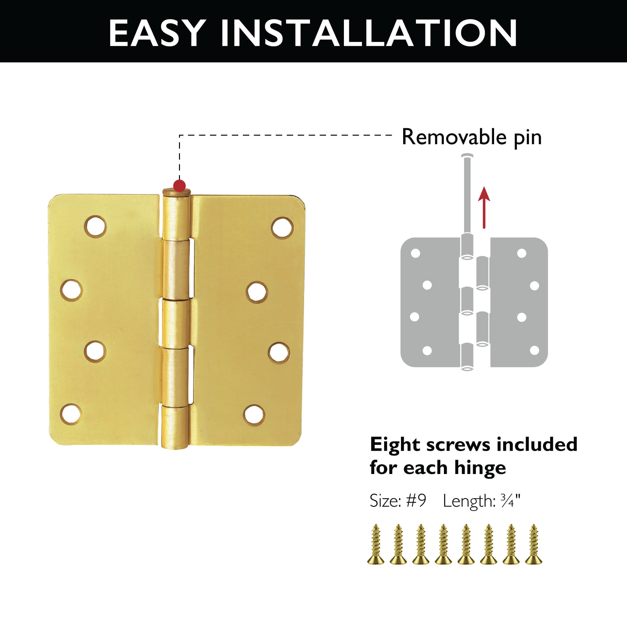 Design House 3-Pack 4" H x .25" Radius Butterfly Interior/Exterior Door Hinges, Satin Brass