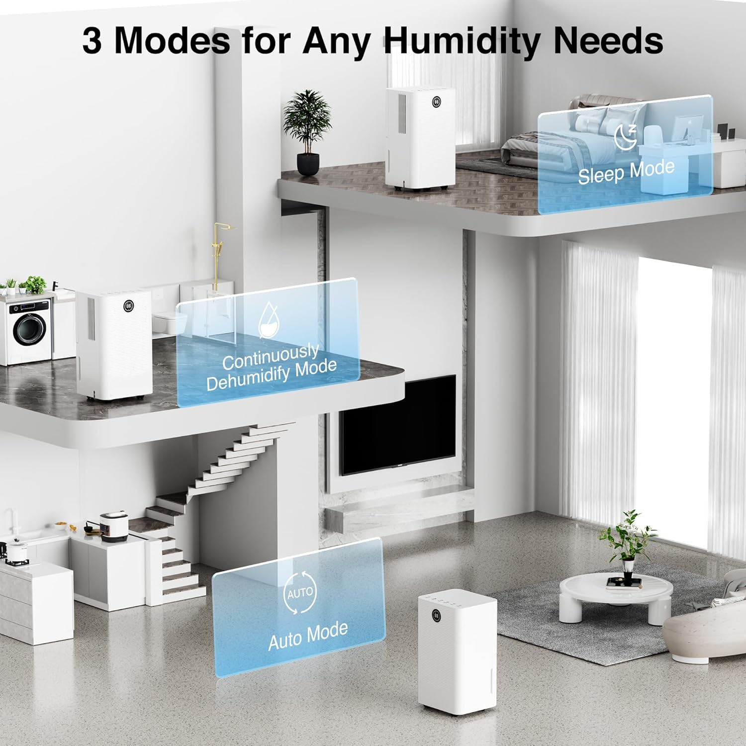 WAA 24 Pint Dehumidifier Auto/Manual Drainage,3 Modes,24H Timer,Auto Defrost (Home/Basement,Drain Hose)