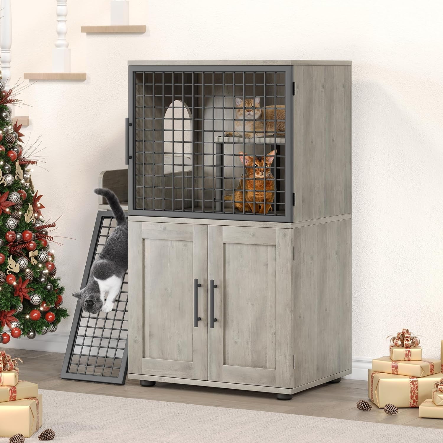 Easy Shopping Modern Cat Litter Box Enclosure – Dual Layer Hidden Cat Washroom with Sturdy Ladder, Ideal Cat Cabinet for Indoor Cats in Gray
