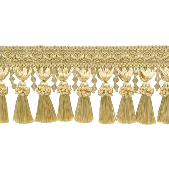 4" (10cm) Elegant Beaded Tassel Fringe with Fancy Gimp Header | Fringe Trim # BTFCT4,, White Gold #14 (White Gold, Light Gold, Golden Beige) Sold By The Yard (36"/3 ft/0.9m)