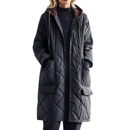 MIASHUI Women s Long Solid Color Parka Down Stand Collar Stripe Zip Pocket Cotton Coat Casual Warm Black L