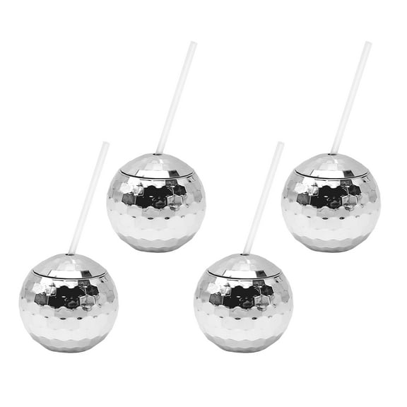 4-Piece Set Disco with Straws - 8.46X2.55X2.04 Inch Silver Wine Glasses for Parties and Cocktails