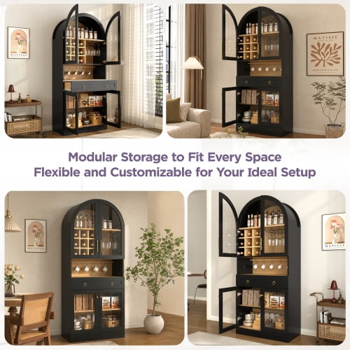 70" Tall Arched Bar Cabinet, Mid-Century Wine & Coffee Bar Cabinet with Tempered Glass Doors, 9 Wine Racks, 3 Glass Holders, Adjustable Shelf, 5 Hooks, Large Drawer, Black