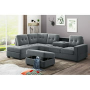 Pueikai 3 Piece Sectional Sofa Microfiber with Reversible Chaise Lounge Storage Ottoman and Cup Holders