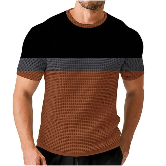 UVEASISHA Men's Waffle Knit Shirts Short Sleeve Crewneck Color Block T-Shirts Big and Tall Casual Loose Pullover Tees Fashion Summer Clothes Coffee L