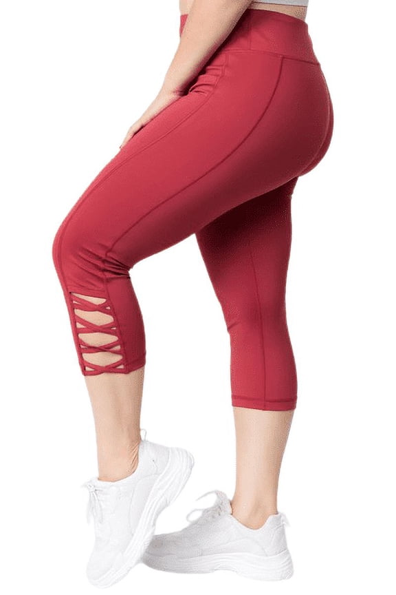 Women's Active Lattice Capri Cutout Workout Leggings Plus Size - BRICK RED, XL