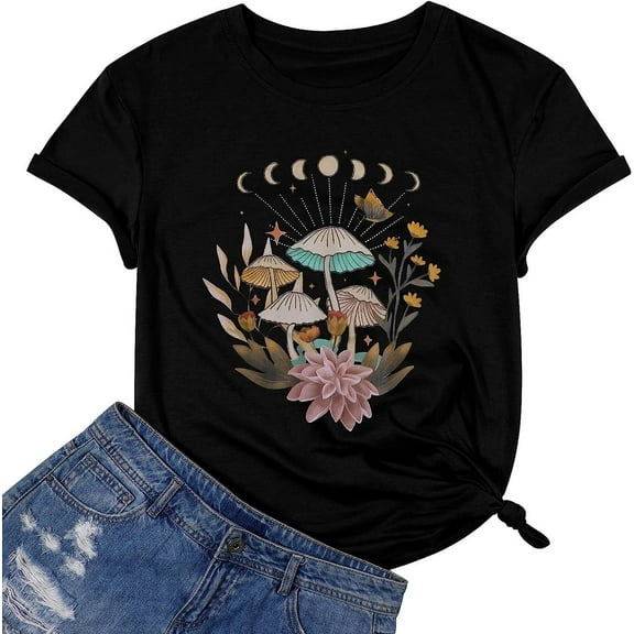 Women Summer T Shirt 2023 Mushroom Plant Graphic Tees Crew Neck Short Sleeve Casual Tunic Tops