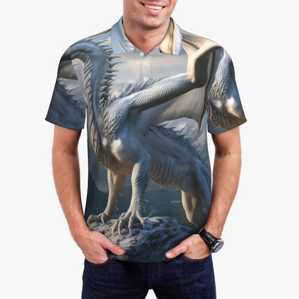 Fotbe Mountain White Dragon Camiseta Polo de Golf para Hombre con Estampado – Camisa Deportiva Transpirable con Cuello Abotonado-Small