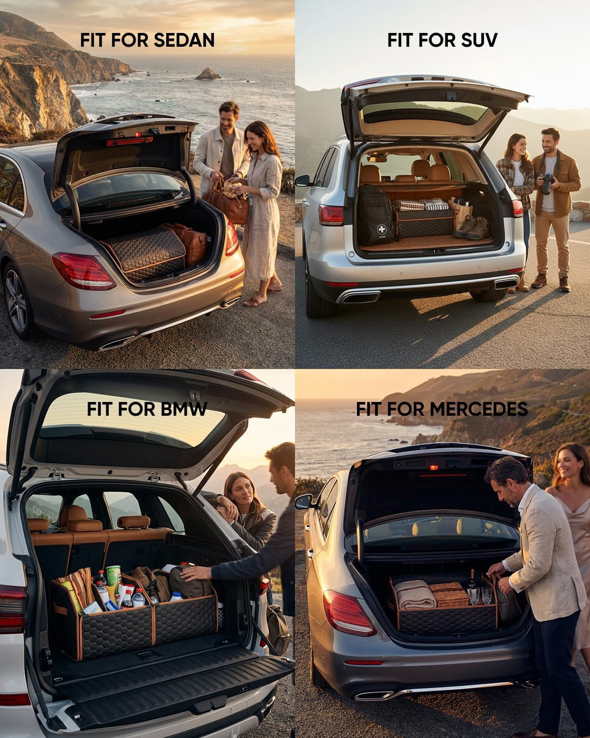 Owleys SUV and Car Rear Cargo Organizer Set Foldable Eco-Leather Trunks Magnetic Lids Hexy 2 Pcs