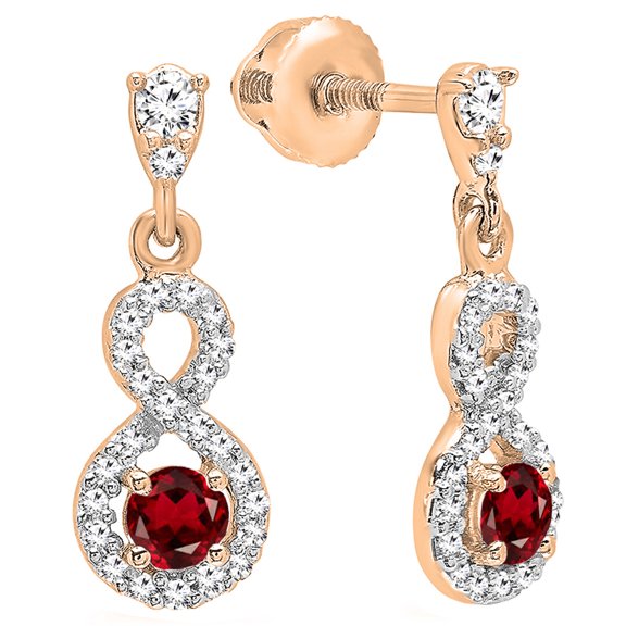 Dazzlingrock Collection 3mm Round Garnet & White Diamond Infinity Swirl Screwback Dangling Drop Earrings for Women (0.18 ctw, Color I-J, Clarity I1-I2) in 18K Rose Gold