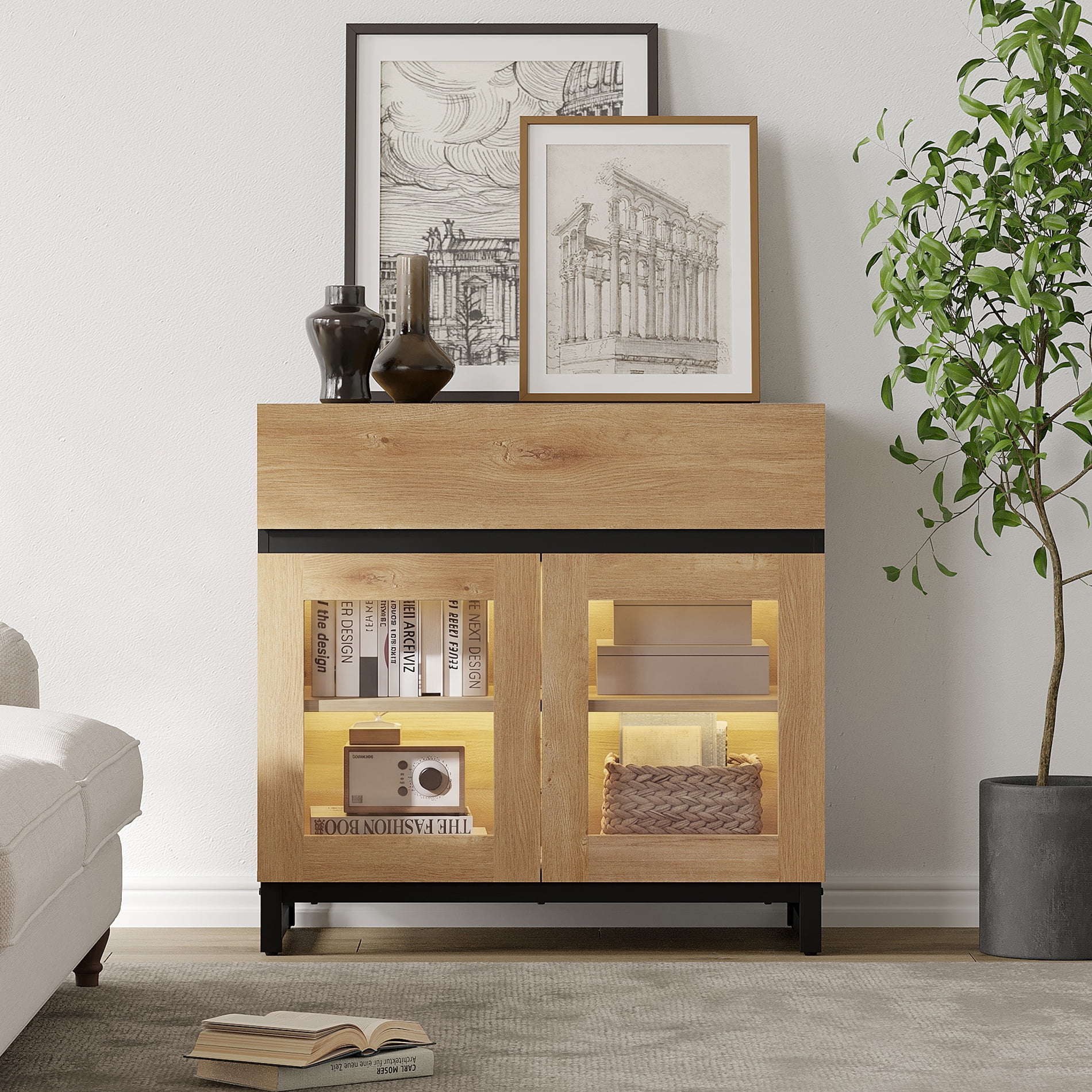 Modern TV Stand with Glass Door & 1 Drawer, Metal Base Entertainment Console for 32-40 Inch TVs, Media Console for Living Room & Bedroom,Oak