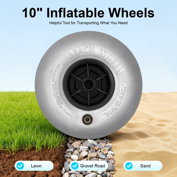 10 Inch Beach Inflatable Wheels 2-Pack 88 lbs Capacity Each Low-Pressure PVC Tires 4.5" Thick Sand Wheels
