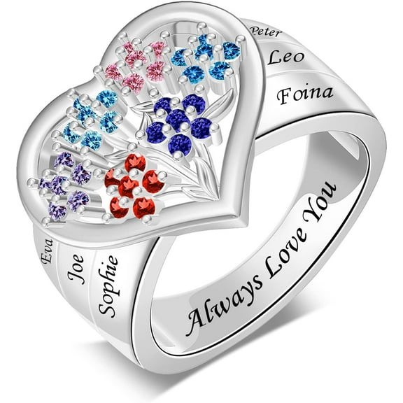 YUPPOLKR 925 Sterling Silver Mother Rings Personalized Birthstones Ring for Mom Women Name Engraving Flower Rings Mother’s Day Jewelry Gifts for Grandma Wife