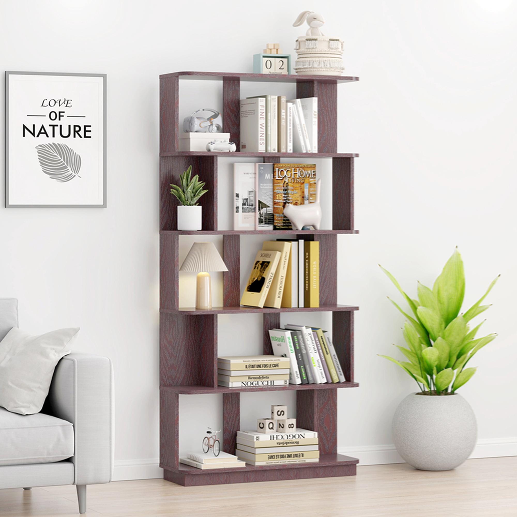 31.5" L x 64.56" H Free Combination Bookshelf Modern 5-Tier Open Storage Bookcase MDF Wood Display Shelving for Living Room Home Office Bedroom Decor Organizer, Media Storage Shelves, Red