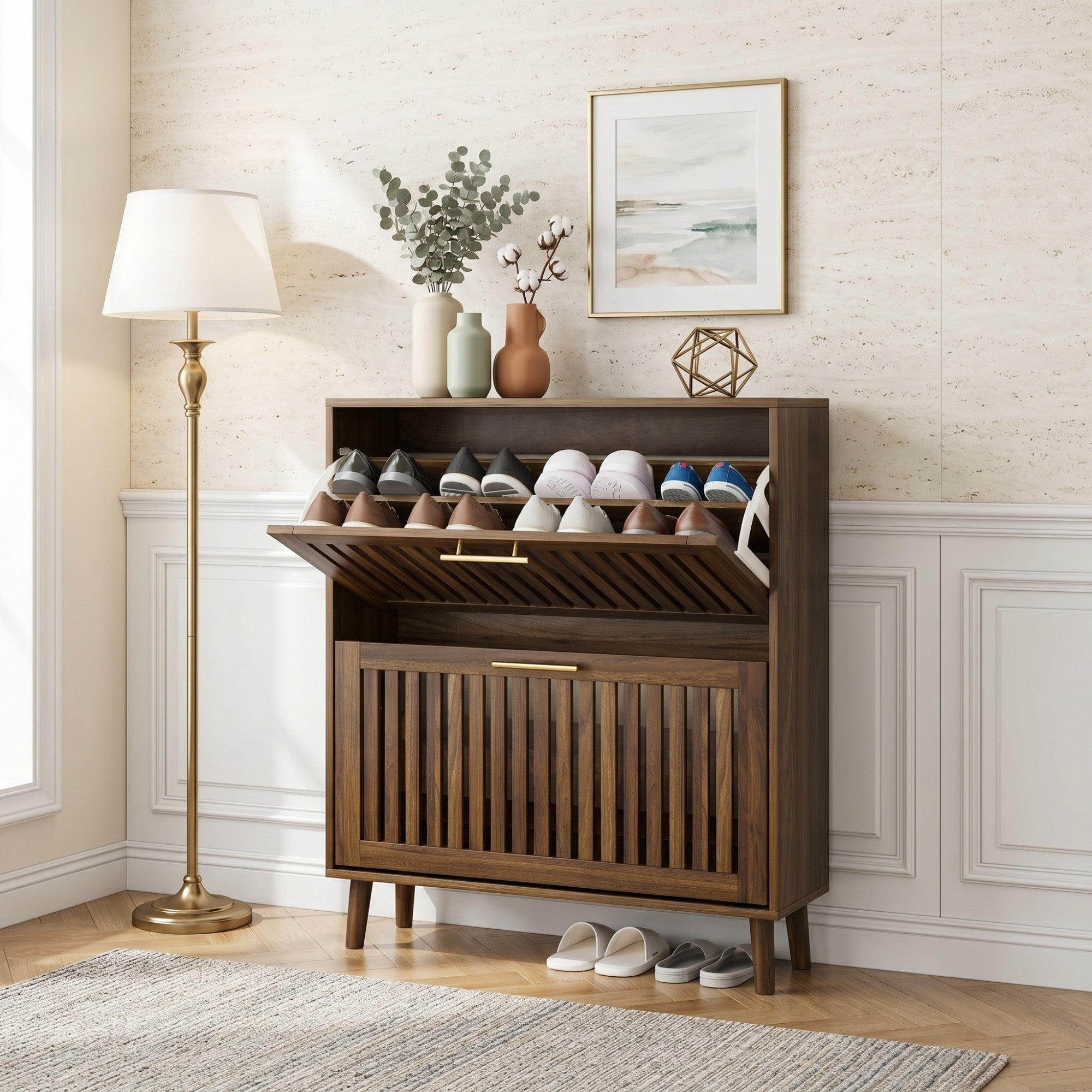 Sailvan 31.5" Walnut Shoe Storage Cabinet, Mid-Century Modern Freestanding Fence Cabinet