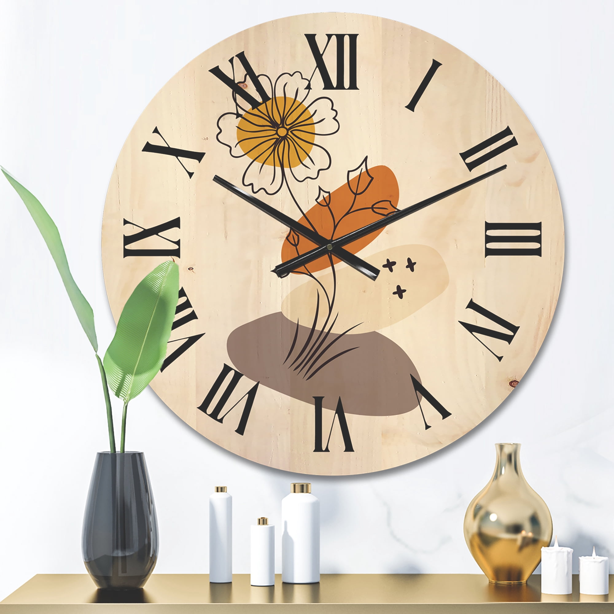 Designart 'Abstract Minimal Shapes Under Flowers I' Modern Wood Wall Clock