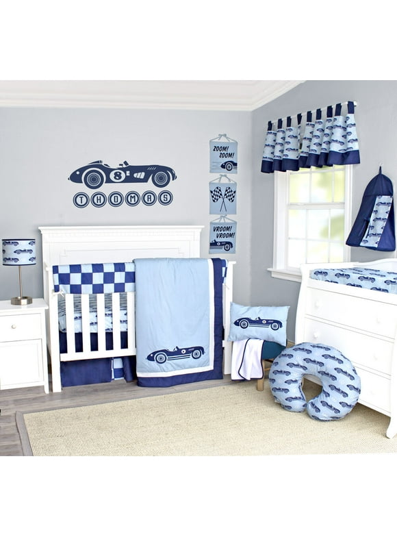 Race Car Navy and Baby Blue 9 Piece Baby Crib Bedding Set by Pam Grace Creations