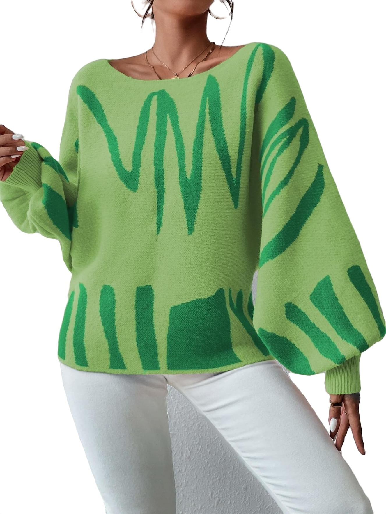 Casual Graphic Boat Neck Pullovers Long Sleeve Lime Green Women ...
