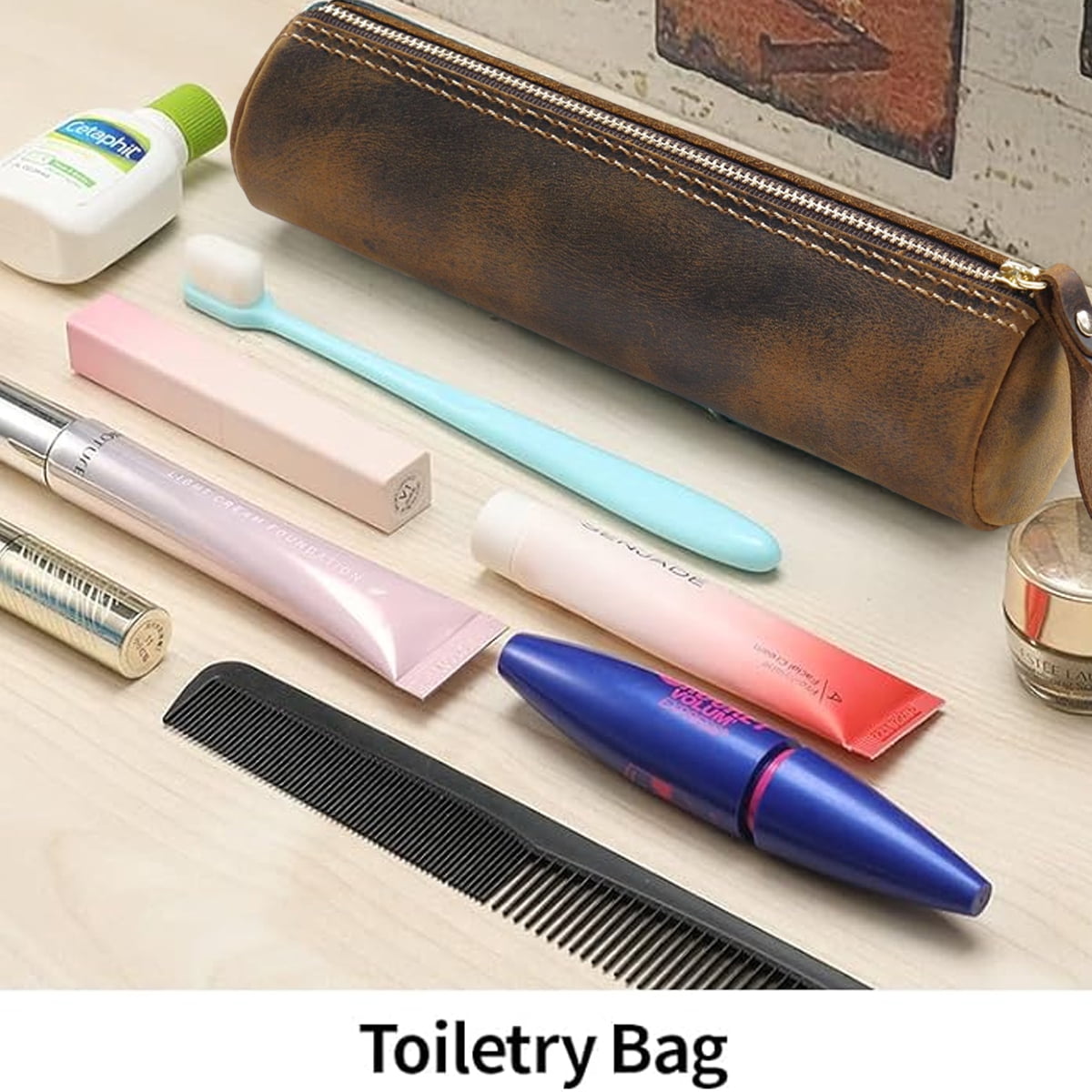 Leather pencil case, handcrafted leather pencil case with zipper, large capacity stationery storage casebrown