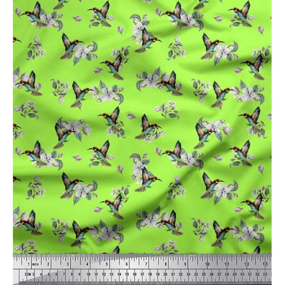 Soimoi Rayon Crepe Fabric Leaves,White Floral & Hummingbird Print Fabric by The Yards 46 Inch Wide