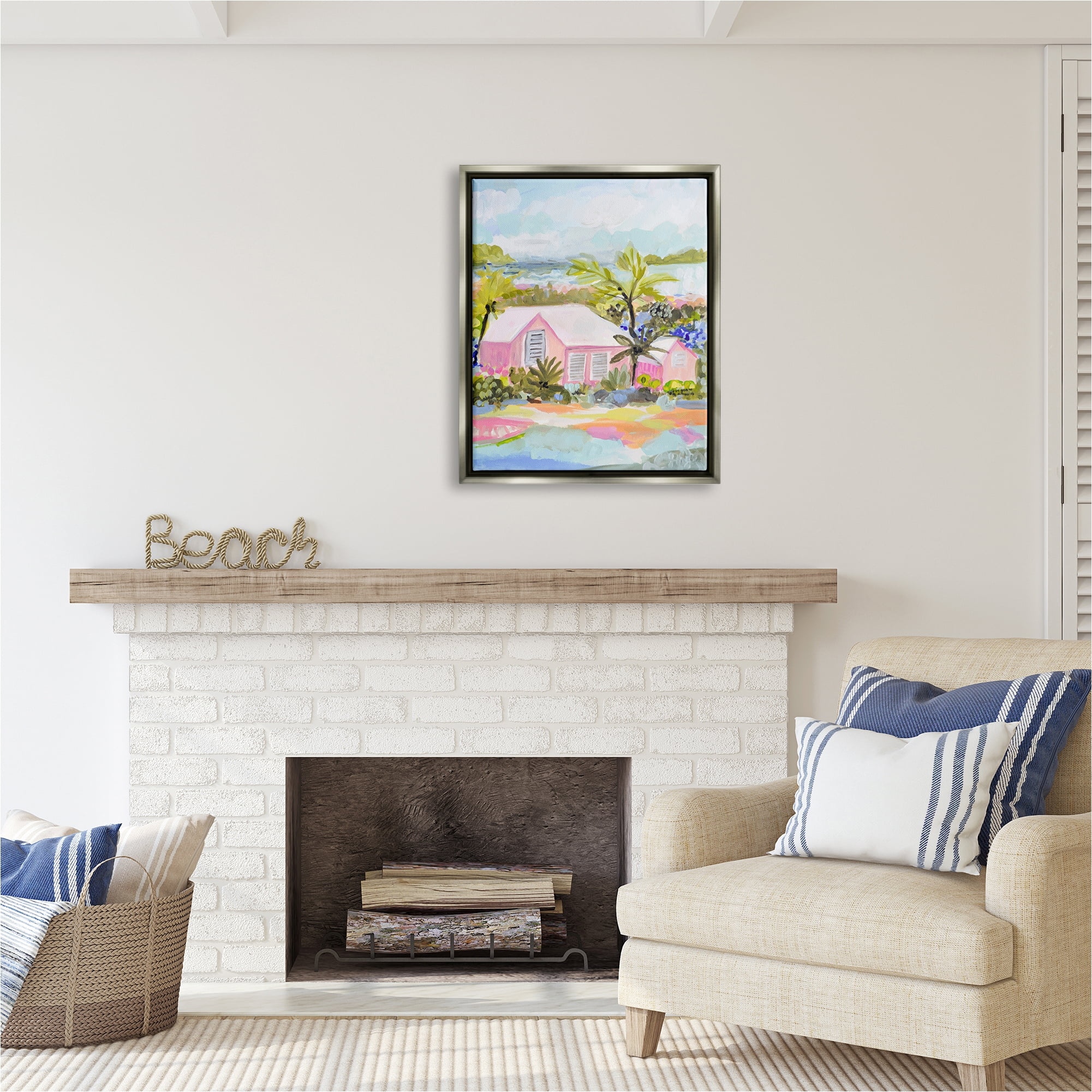 Stupell Industries Pink Tropical Cottage Landscape Painting Gray Floater Framed Canvas Art Print Wall Art, 25 x 31