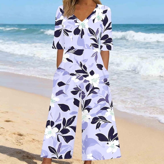 Mifsaly Cotton Jumpsuits for Women V-Neck Short Sleeve Wide Leg Jumpsuit Floral Print One Piece Romper Summer Casual Vacation Beach Overalls with Pockets M