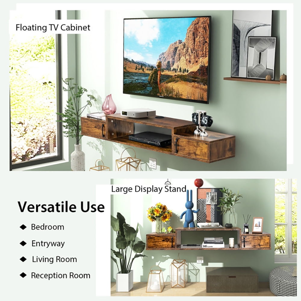 Finihen TV Stand, TV Cabinet, 55 Inches Floating TV Stand with Power Outlet, Media Entertainment Center with Storage, for Living Room, Bedroom, Rustic Brown