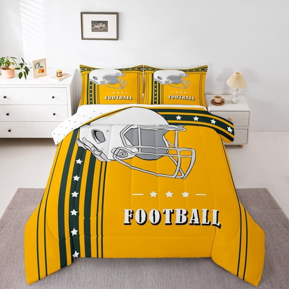 American Football Bedding Twin, Football Game Bedding Comforters & Sets Youth American Football City Style Comforter Set, Yellow Black and White Helmet Quilt (Green Bay)