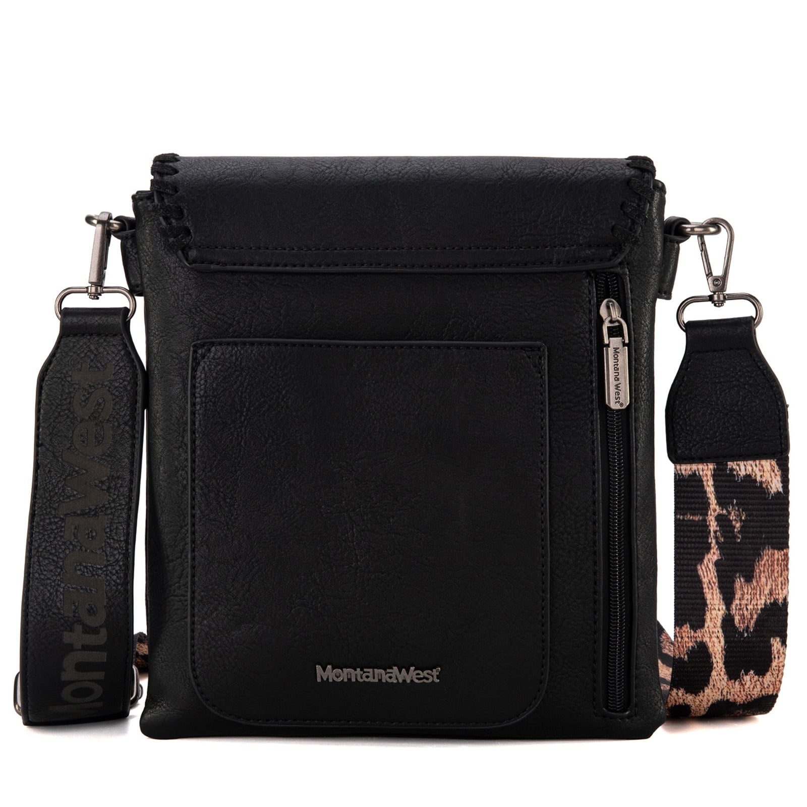 Montana West Crossbody Bags for Women with Dual Compartments Western Crossbody Purse with Leopard Print Guitar Strap, Black