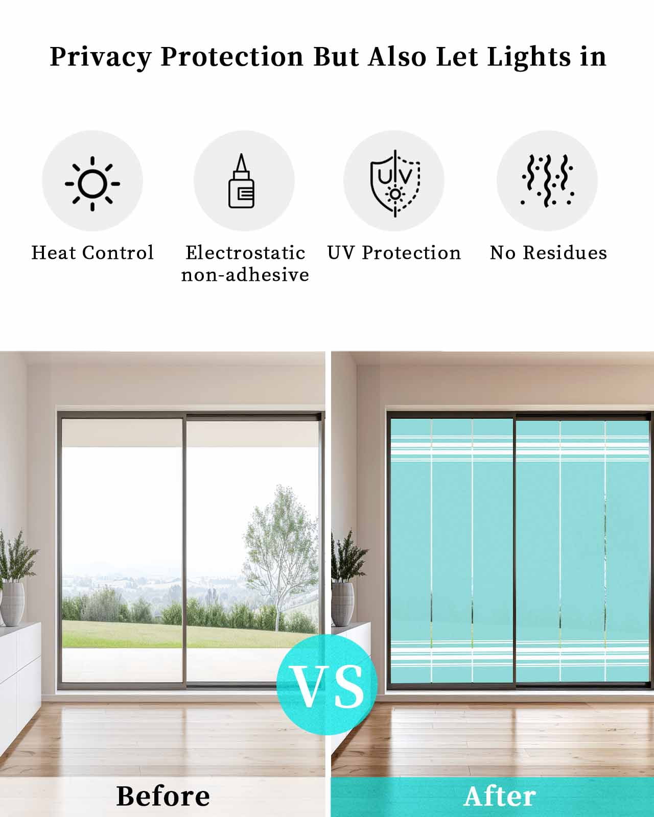 Window Privacy Film, Aqua Stripes UV Sun Blocking Window Tint Film Heat Control One Way Blackout Window Film, Farmhouse Modern Vertical Lines Non Adhesive Static Cling Window Sticker 19.6x39.3 In