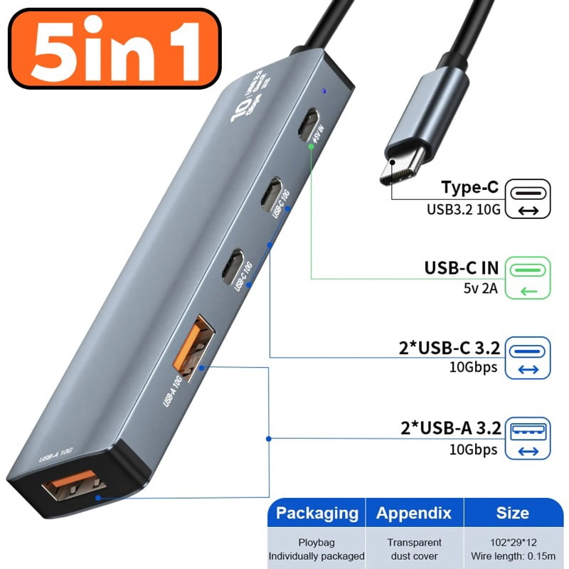USB C Type-C Hub 5 in 1 Multiple USB3.2 Hub 10Gbps USB-A & USB-C Splitter for Laptop Desktop PC with 5-Port Power Delivery (15CM)