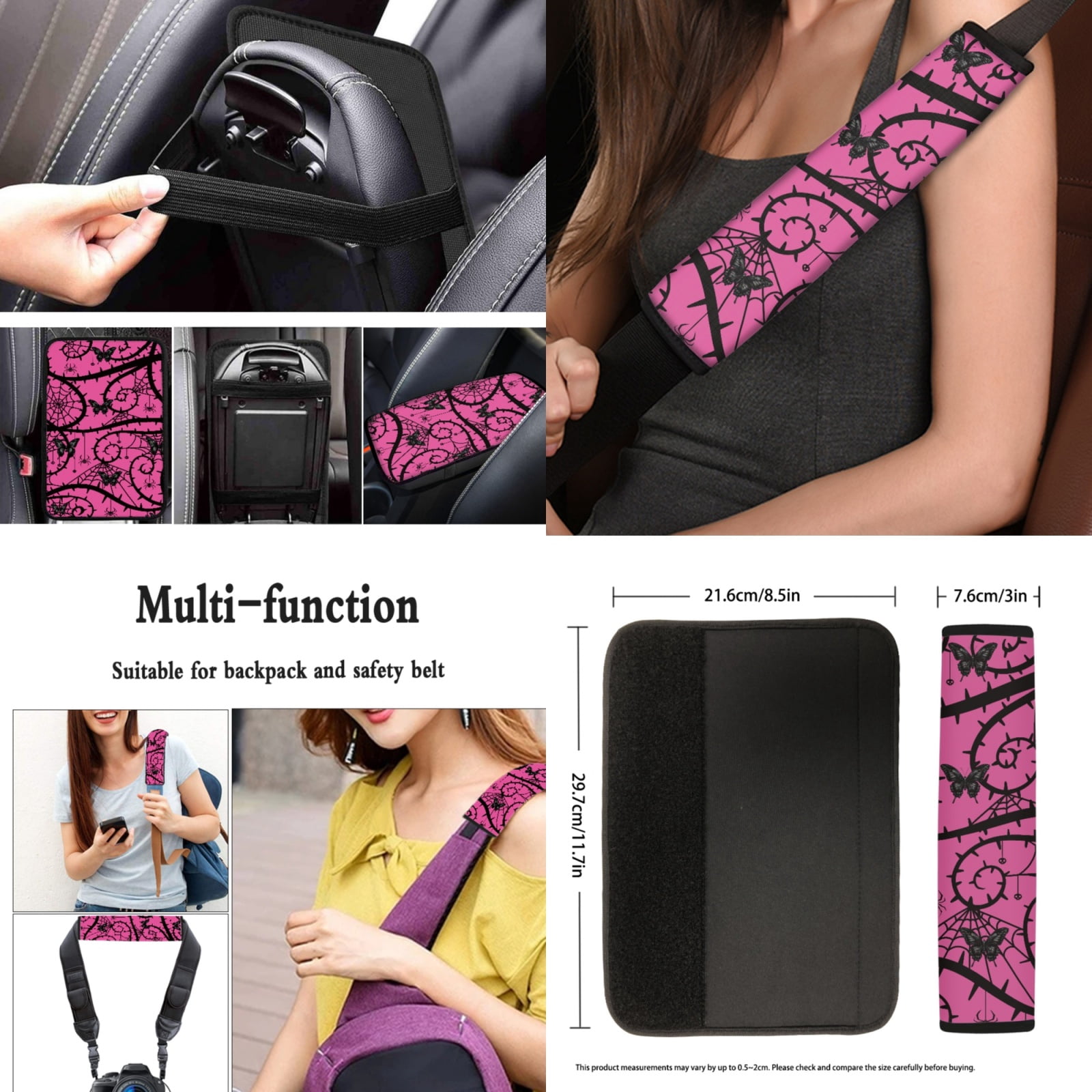 Yuyamidu Pink Gothic Auto Seat Cover Full Set 13 PCS Car Accessories Set Butterfly Steering Wheel Cover Armrest Cover Seatbelt Shoulder Pad Cup Mat Lip Gloss Holder Key Ring