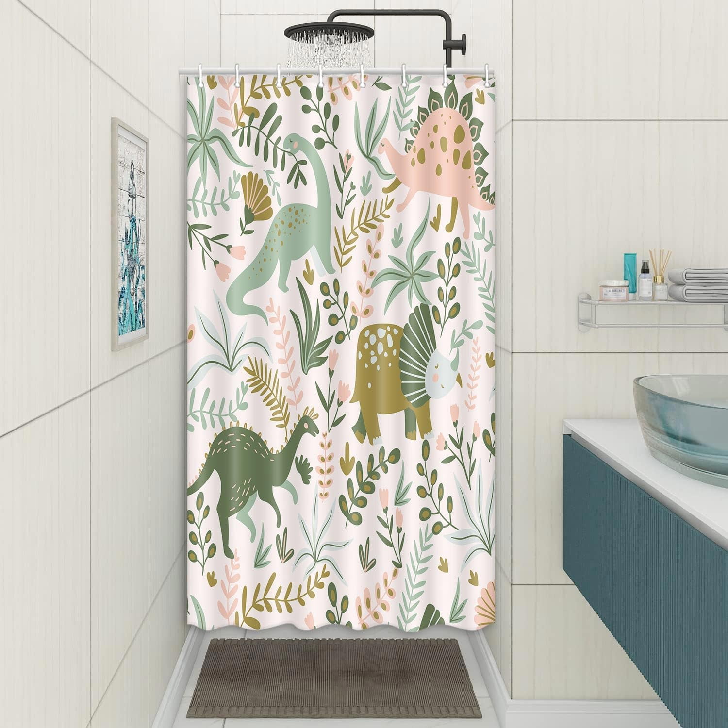 Kids Shower Curtains,Funny Dinosaur Shower Curtains, Cute Dinosaur for Boys Girls, Green Plant Leaf Flowers Colorful Bathroom Decor with Hooks Waterproof Fabric Polyester Bathtub Decorative