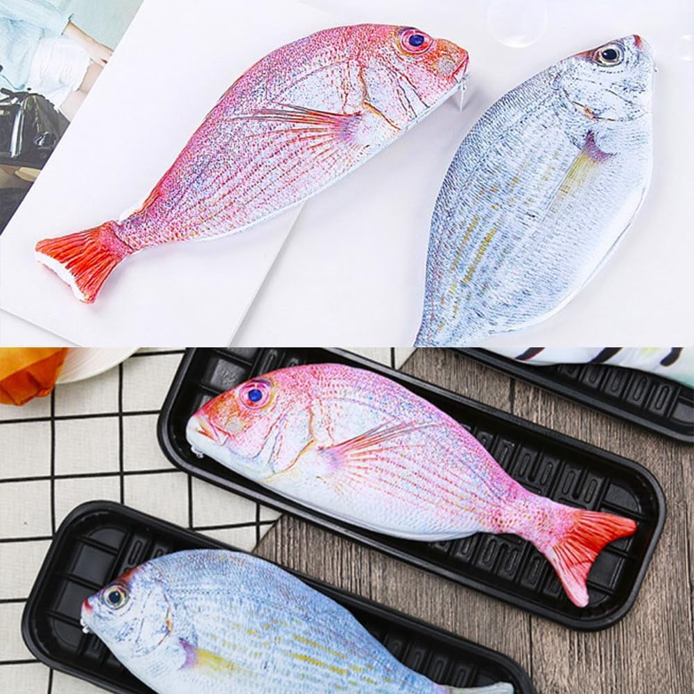ABPETE 2pcs Fish Pencil Case Novelty Fish Pen Bag Fish Coin Purse Funny Pencil Case with Padded Thick Foam Lining Fish Gifts for University Classroom Supply(Vivid Style,Blue & Red)