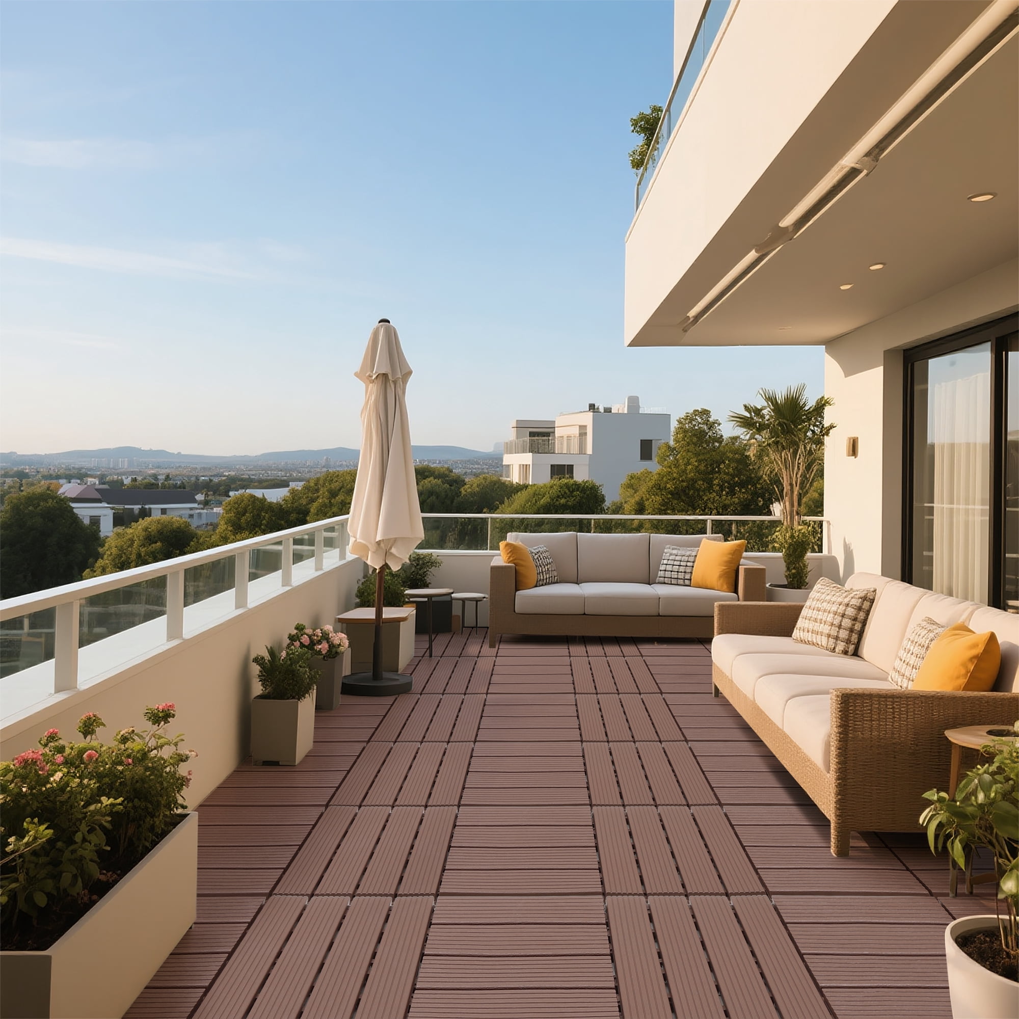 Plastic Interlocking Decking Tiles, 44 Packs Of Terrace Decking Tiles, 12"x12" Waterproof For All-Weather Use, Backyard Pool Decking Tiles, Brown