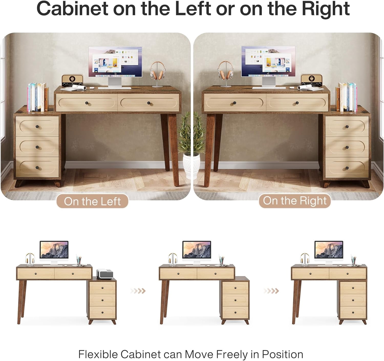 Tribesigns Computer Desk with 5 Drawers, 51-Inch Home Office Desk with Reversible Drawer Cabinet, Farmhouse Study Writing Table Workstation with Storage for Small Spaces