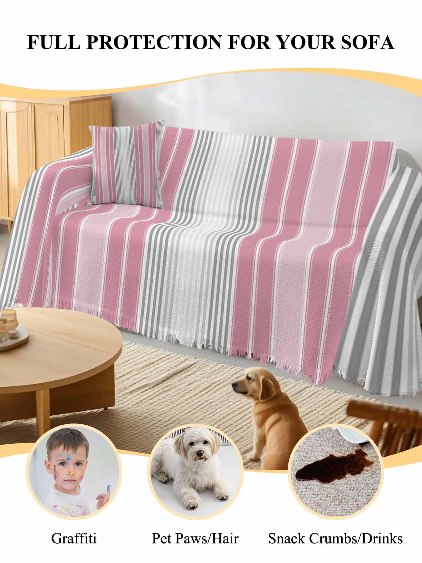 Pink Gray Stripes Couch Cover, Chic Modern Abstract Vertical Lines Sofa Cover Blanket for 2 Seat Cushion,Sectional Sofa Slipcover Furniture Protector for Living Room Bedroom 71''x102''