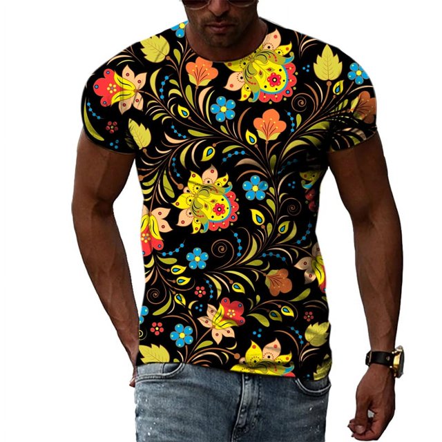 T-shirt à Motif Floral pour Hommes Été, Tendance Hip-hop de Rue, Col Rond, Haut 3D, Personnalité Décontractée, Impression Mode, Manches Courtes