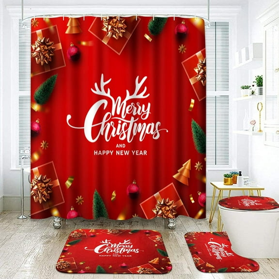 4 Pcs Shower Curtain Set Happy Santa Claus Christmas Sleigh with Non-Slip Rugs Toilet Lid Cover and Bath Mat Bathroom Decor Set 72" x 72"