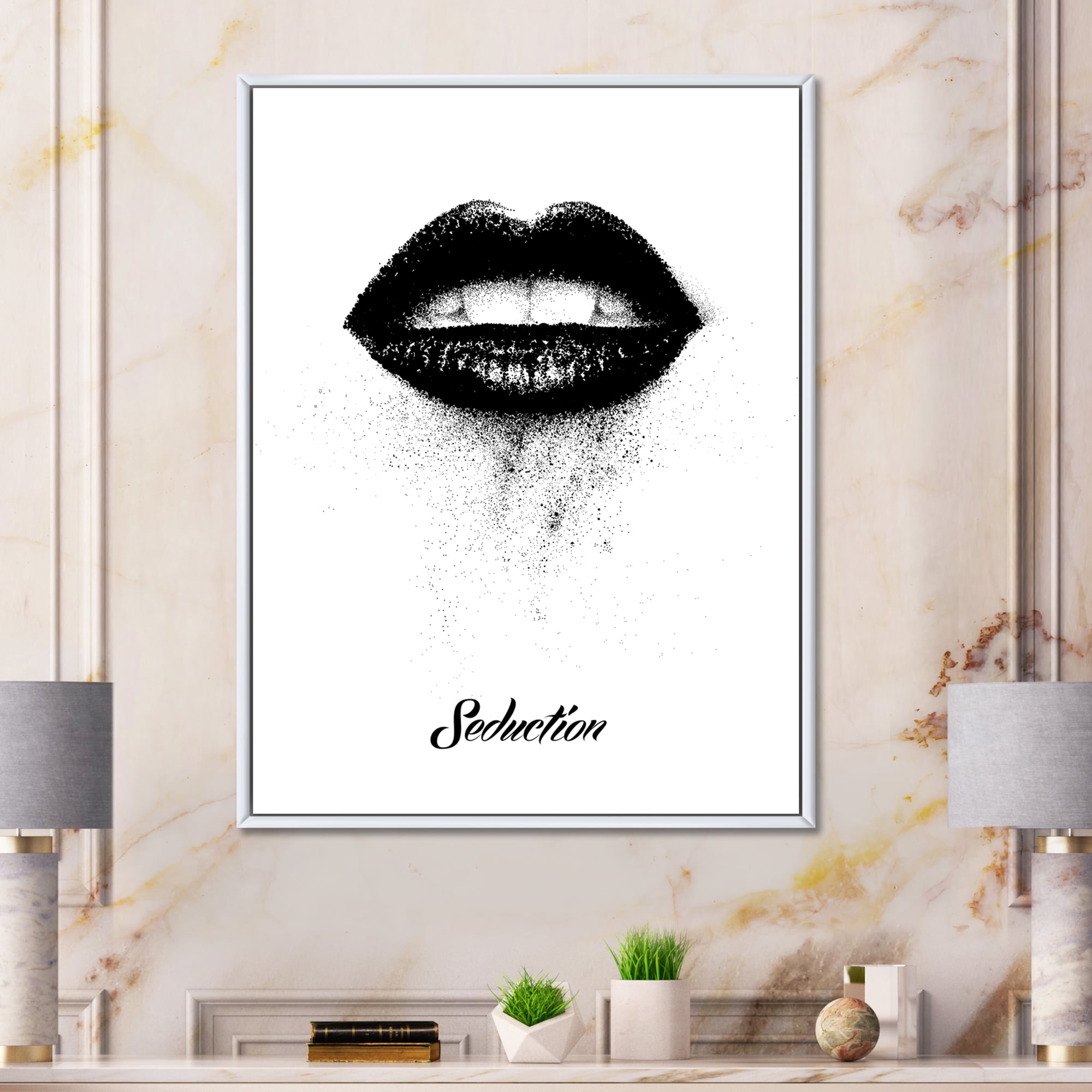 Monochrome Black Female Lips 30 in x 40 in Framed Painting Canvas Art Print, by Designart